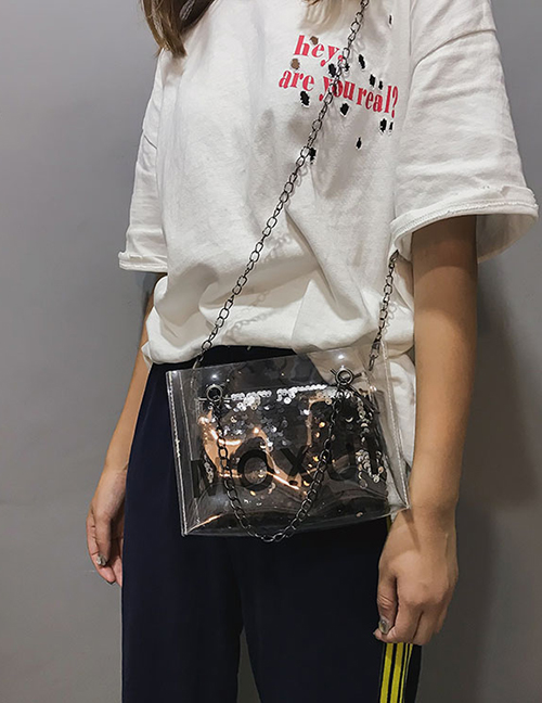 Fashion Black Transparent Messenger Jelly Chain Handle Sequin Bag