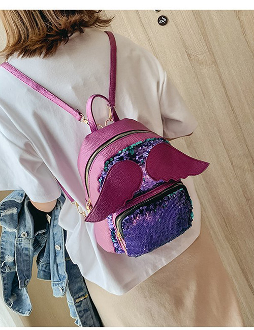 Fashion Purple Laser Sequin Angel Wings Backpack