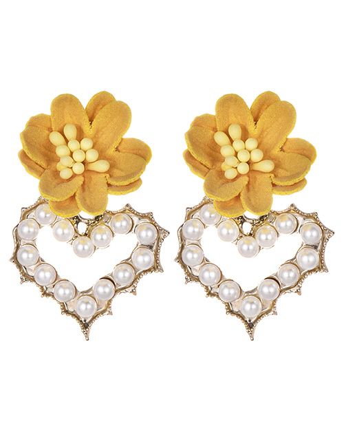 Fashion Yellow Alloy Pearl Fabric Flower Love Earrings