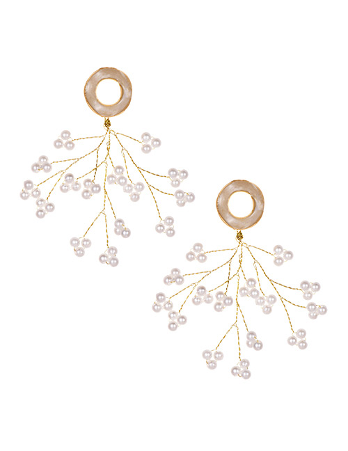 Fashion Khaki Alloy Circle Pearl Tassel Stud Earrings