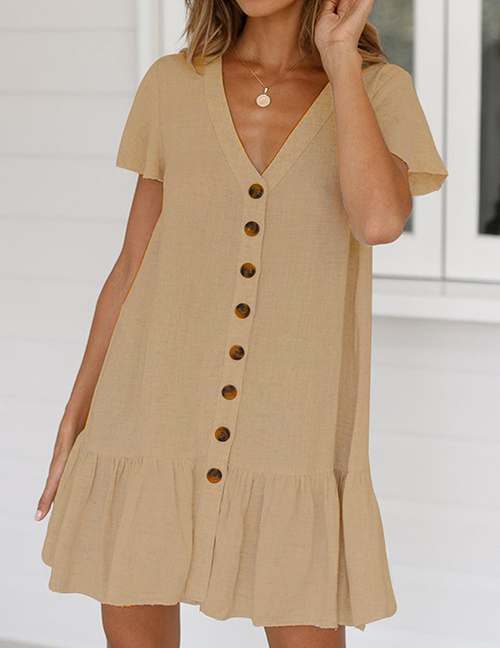 Fashion White Single-breasted Deep V-neck Cotton And Linen Dress