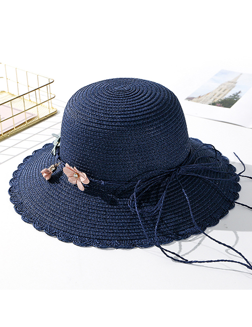 Fashion Navy Tether Flower Sun Hat