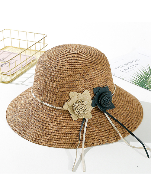 Fashion Light Coffee Big Leather Rope Double Straw Hat