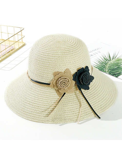Fashion Creamy-white Big Leather Rope Double Straw Hat