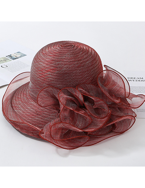 Fashion Red Wine Big Wavy Side Organza Big Flower Fisherman Hat
