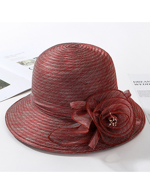 Fashion Wine Red Organza Flower Foldable Fisherman Hat