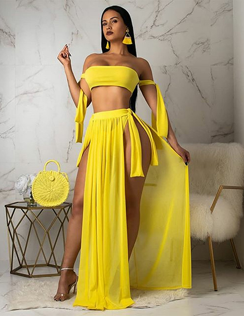 Fashion Yellow Wrapped Chest Strap Split Swimsuit With Blouse Beach Skirt Swimsuit Three-piece Suit