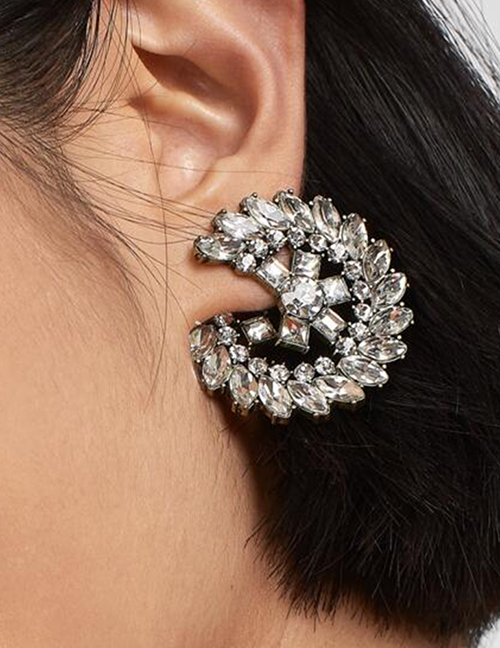 Fashion White Alloy Diamond Semicircular Stud Earrings