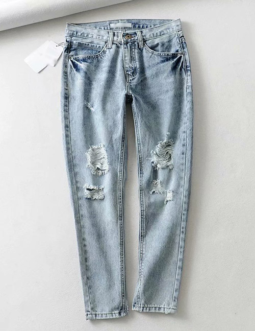 Fashion Light Blue Washed Straight Hole Jeans