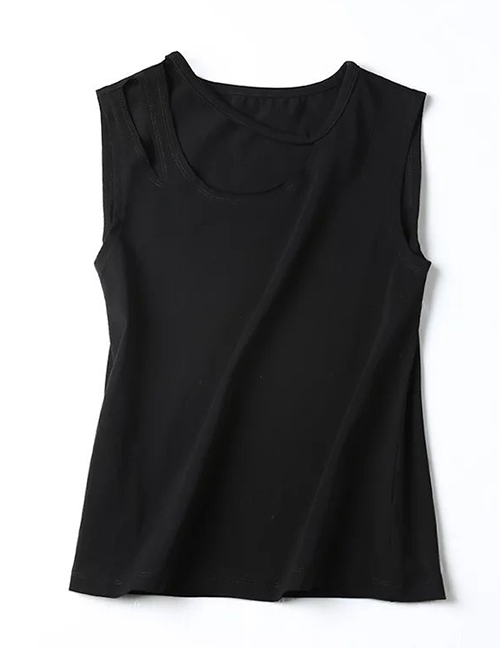 Fashion Black Round Neckline Torn Sleeveless T-shirt