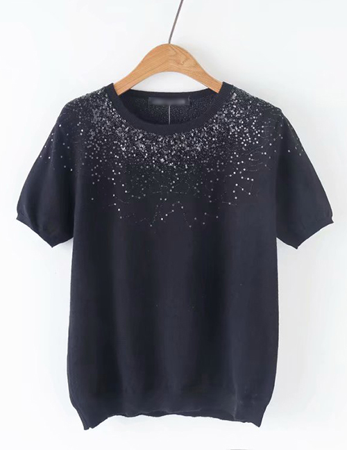 Fashion Black Sequined Round Neck Pullover Short Sleeve Sweater