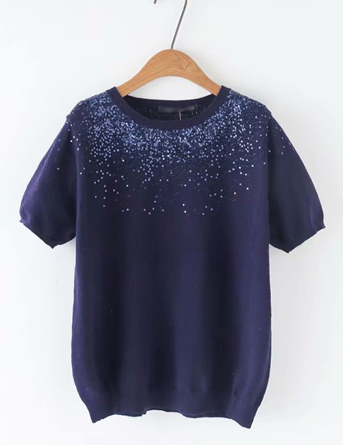 Fashion Blue Sequined Round Neck Pullover Short Sleeve Sweater