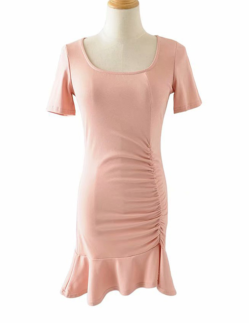 Fashion Pink Round Neck Pleated Ruffled Dress