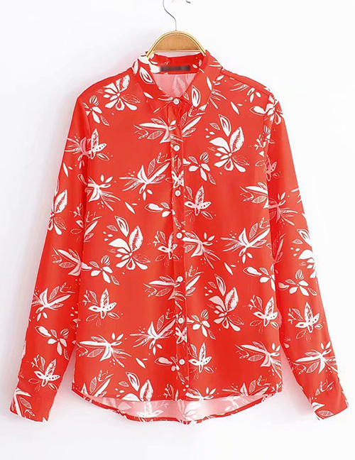 Fashion Red Single-breasted Lapel Print Shirt