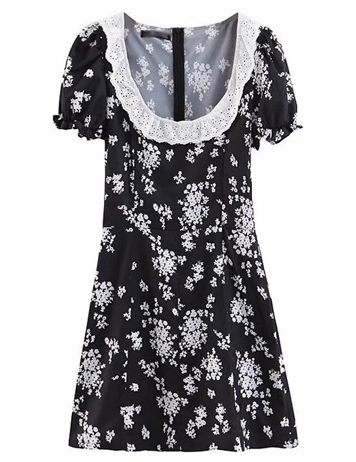 Fashion Black Lace-neck Flower Print Dress
