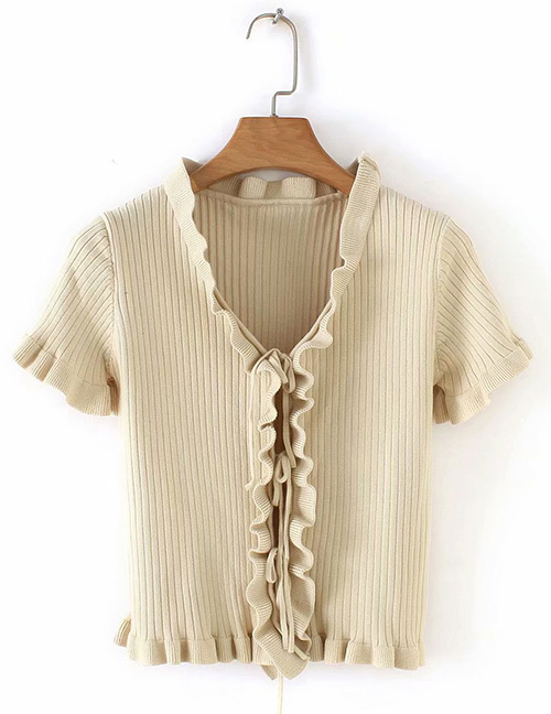 Fashion Beige Tie Rope Short Sleeve Ribbed Knit Fungus T-shirt
