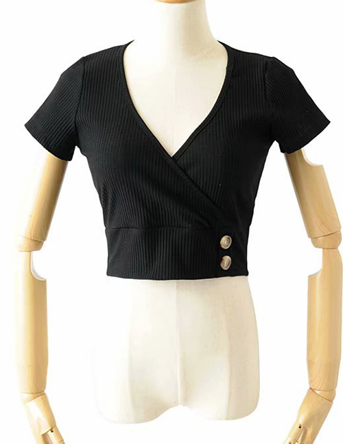 Fashion Black Buttoned Crossbody V-neck Short-sleeved T-shirt