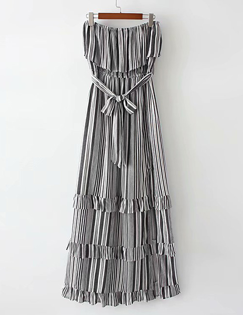 Fashion Black Striped Tube Top With Ruffled Dress