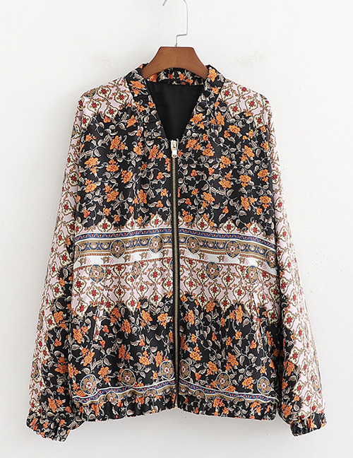 Fashion Color Floral Printed Stand Collar Zip Jacket