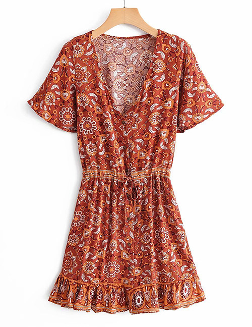 Fashion Brick Red Drawstring Ruffled Flower Print Dress
