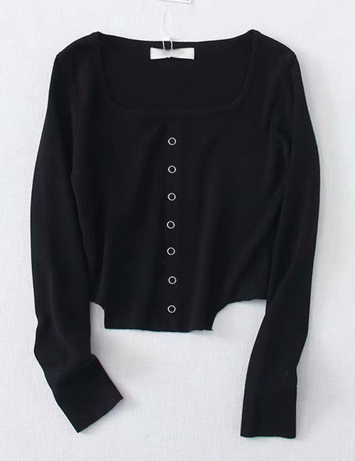 Fashion Black Square Collar Single-breasted Sweater Top
