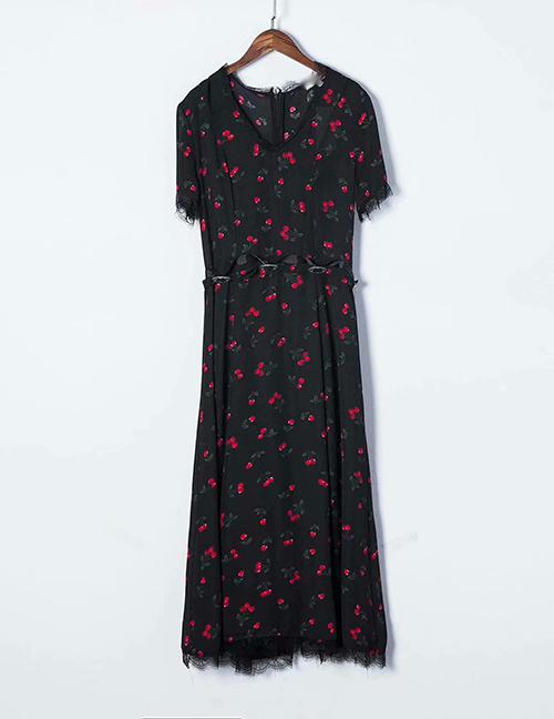 Fashion Black Cherry Print Lace Panel Dress