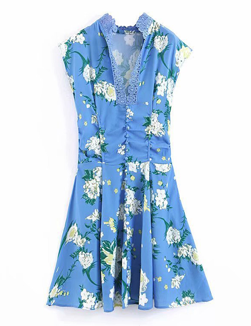 Fashion Blue Printed Lace-neck Single-breasted Dress