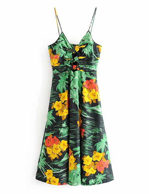 Fashion Green Flower Print Sling Bow Backless Dress