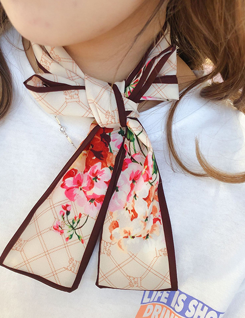 Fashion Beige Floral Narrow Strip Double-sided Small Scarf