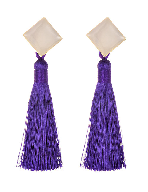 Fashion Purple + Khaki Alloy Resin Square Tassel Earrings