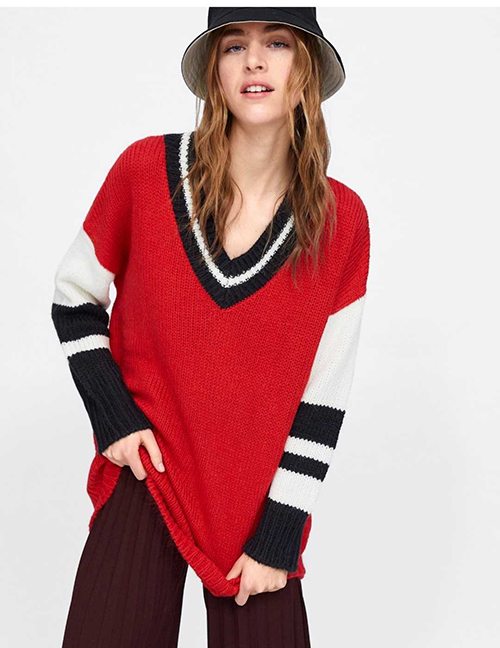 Fashion Red Contrast Ribbed Sweater