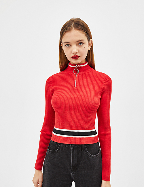 Fashion Red Small High Collar Bottoming Sweater