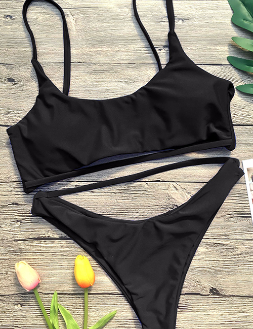 Fashion Black Solid Color Split Swimsuit