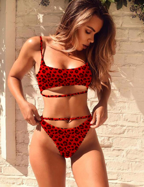 Fashion Red Leopard Solid Color Split Swimsuit