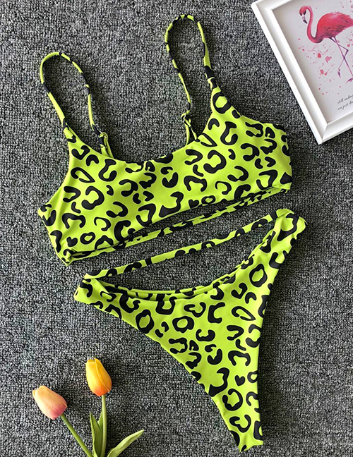 Fashion Fluorescent Leopard Solid Color Split Swimsuit