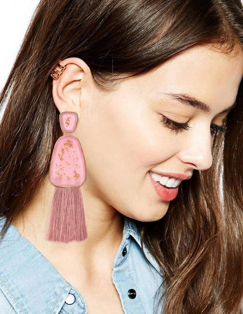 Fashion Leather Pink Alloy Resin Geometry Tassel Earrings
