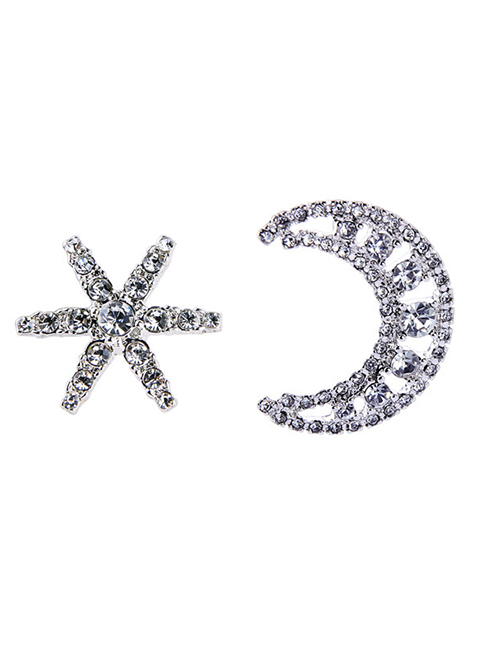 Fashion Silver Alloy Diamond Star Moon Asymmetric Earrings
