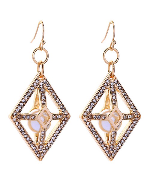 Fashion Gold Geometric Pearl And Diamond Earrings
