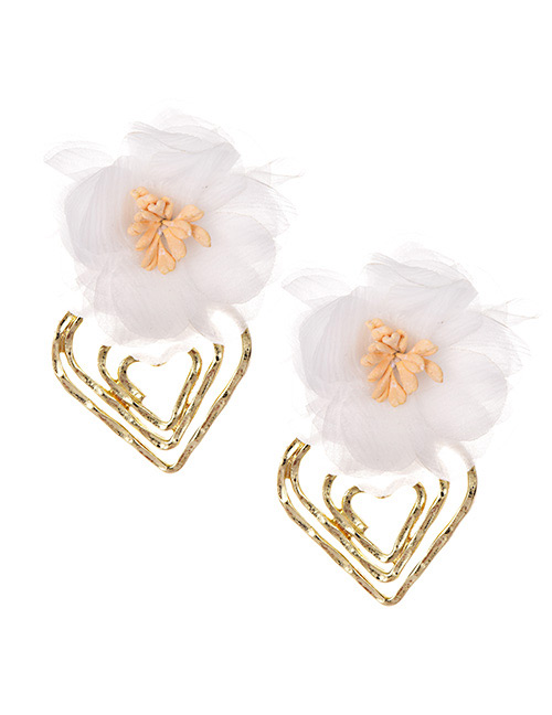 Fashion White Alloy Love Mesh Flower Earrings