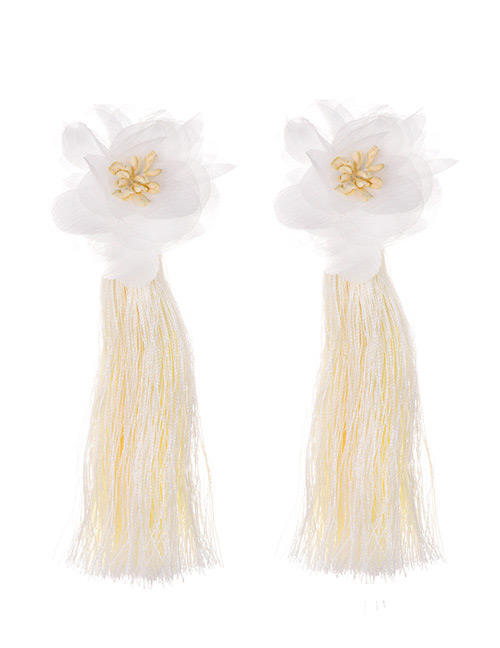 Fashion White Mesh Flower Tassel Earrings