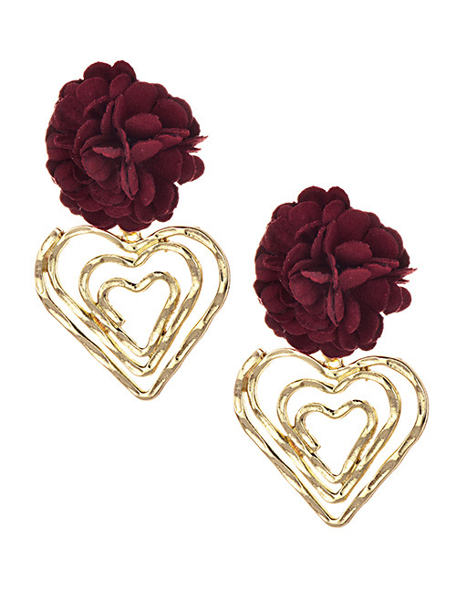 Fashion Wine Red Alloy Love Fabric Flower Earrings