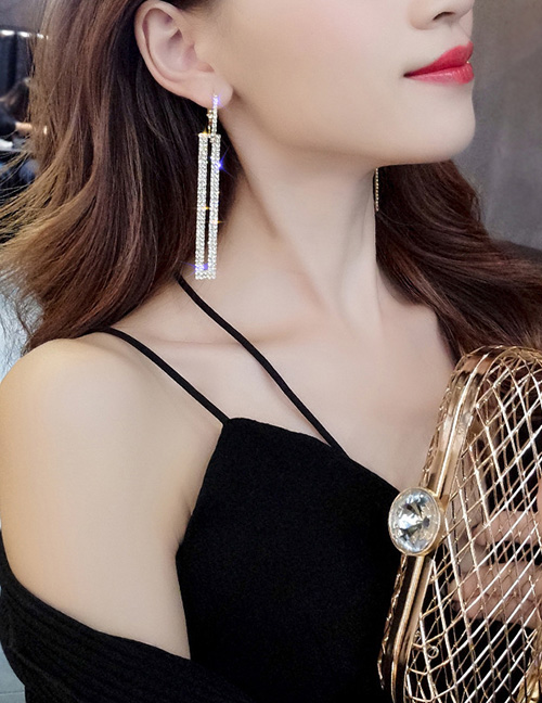 Fashion Gold  Silver Needle Rectangular Full Diamond Earrings