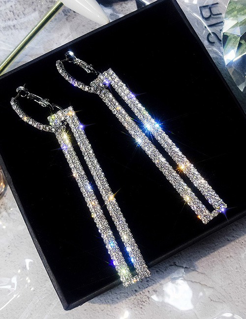 Fashion Silver  Silver Needle Rectangular Full Diamond Earrings