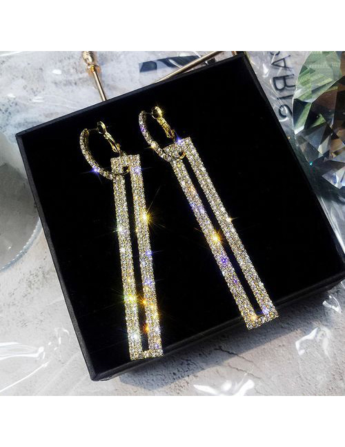 Fashion Rose Gold  Silver Needle Rectangular Full Diamond Earrings