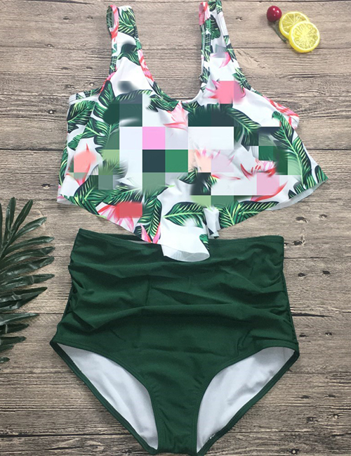 Fashion Green Leaf + Green Pants Ruffled Split Swimsuit