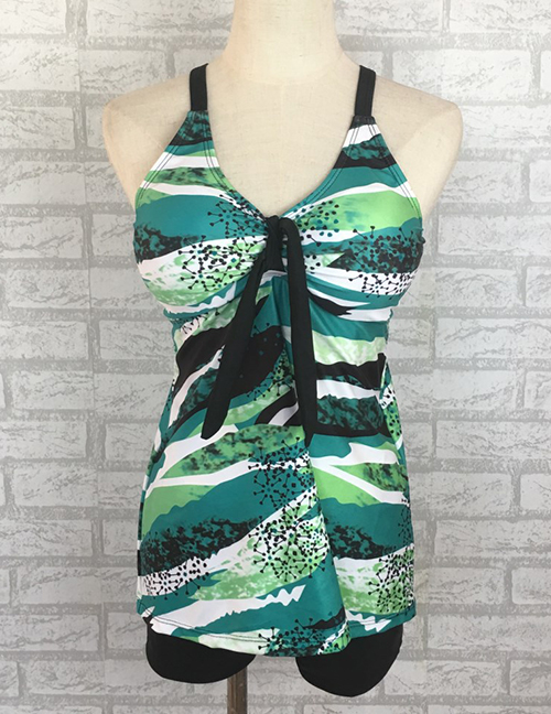 Fashion Green Striped Print Split Swimsuit