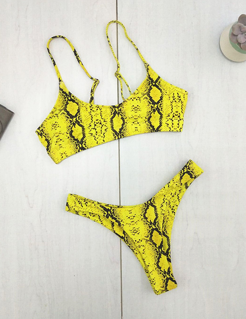 Fashion Yellow Snake Pattern Printed Split Swimsuit