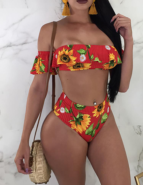 Fashion Safflower High-waisted Backless Floral Ruffled Split Swimsuit