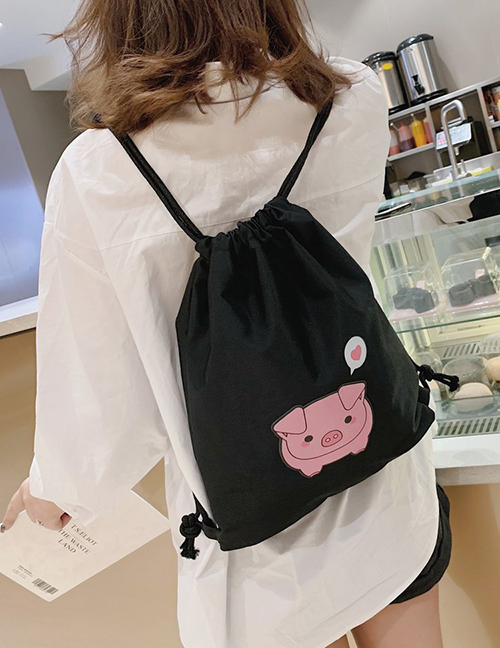 Fashion Black Printed Piglet Drawstring Backpack