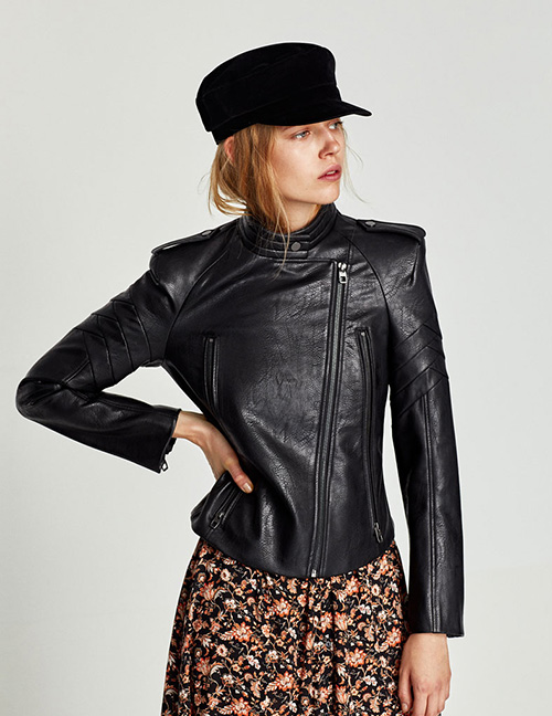 Fashion Black Shoulder-knit Leather Jacket With Padded Shoulder